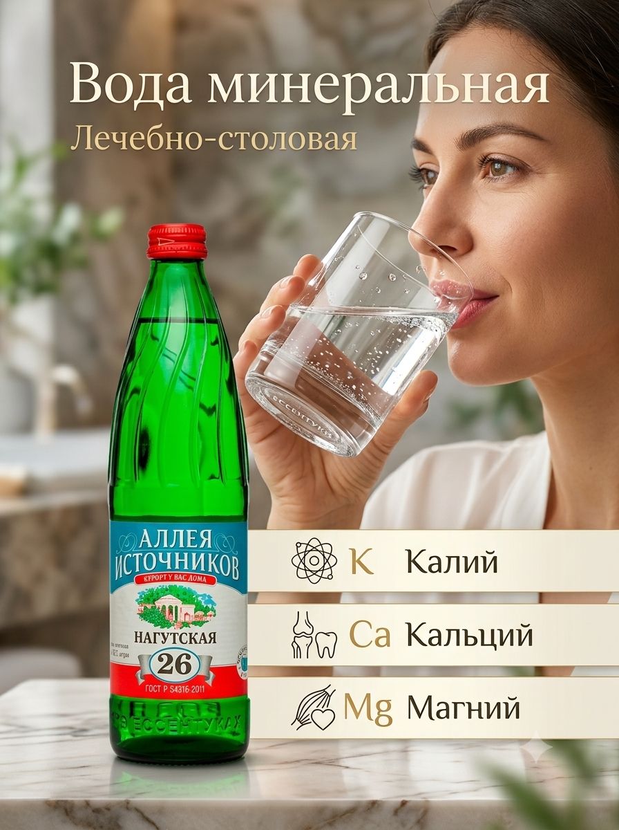 Вода Аллея источников Нагутская №26 0.5 литра, газ, стекло, ( упаковка 12 шт)