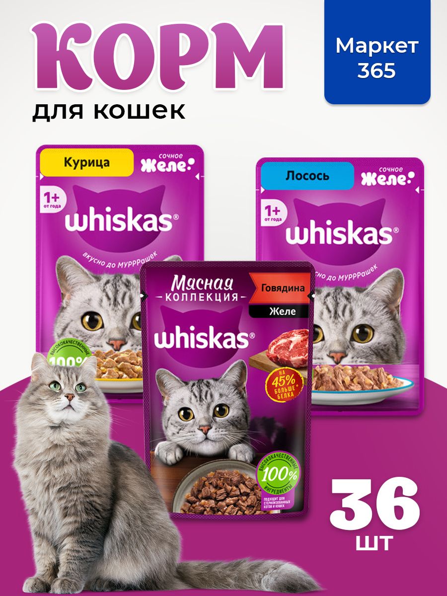 Корм для кошек влажный, Whiskas, набор три вкуса. Курица, говядина, лосось. в желе. 36 шт х 75 г