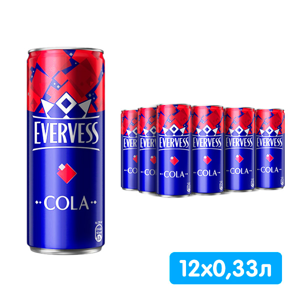 Напиток Evervess / Эвервес Кола 0,33 литра, газ, ж/б, 12 шт. в уп.