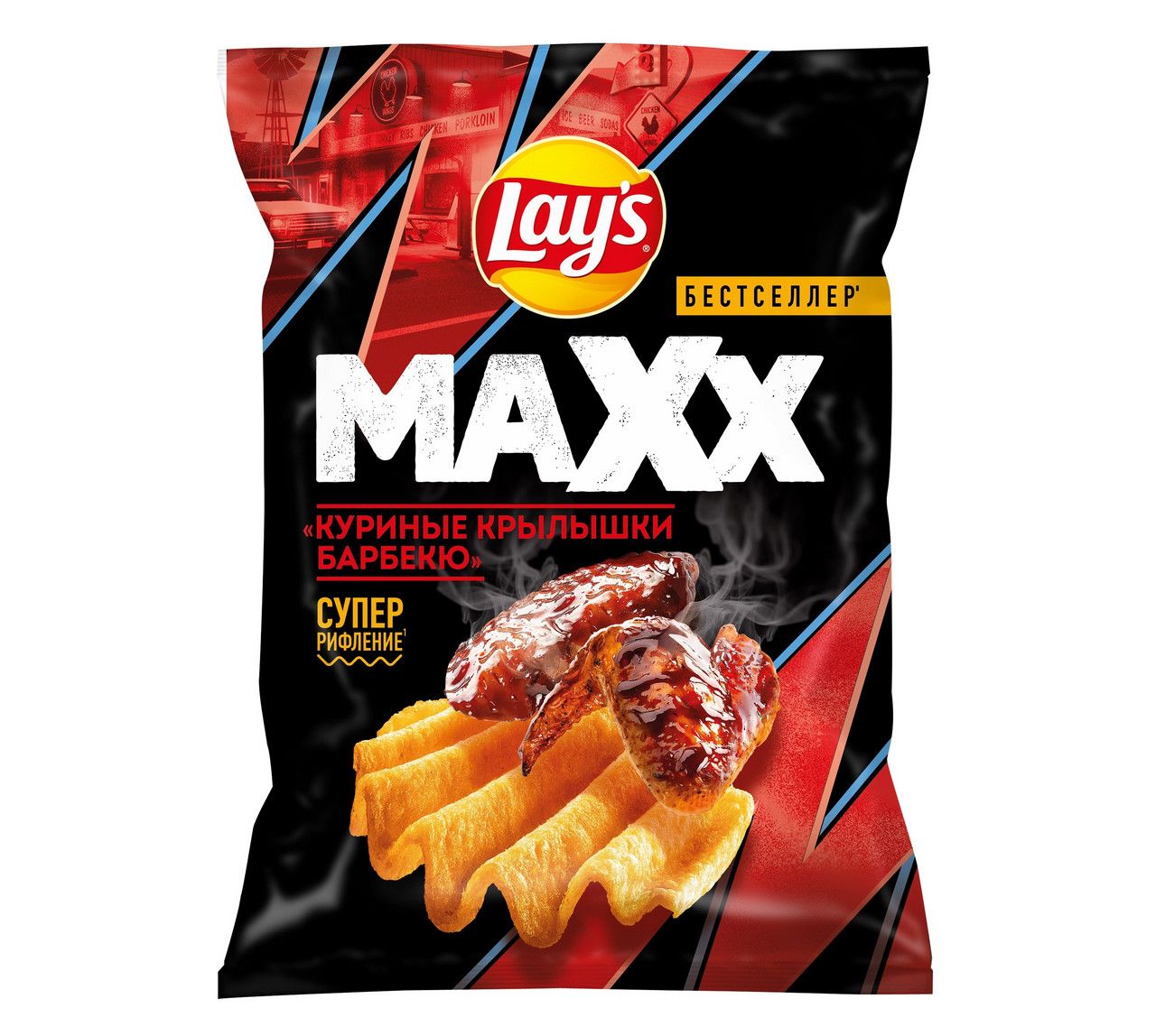 Чипсы Lay's Maxxx куриные крылышки барбекю, 100г. Упаковка 25 шт. Набор 2 упаковки.