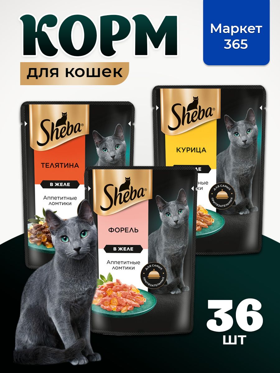 Влажный корм для кошек Sheba. Набор "три вкуса". Телятина, курица, форель. (Ломтики в желе, 36 шт х 75 г)