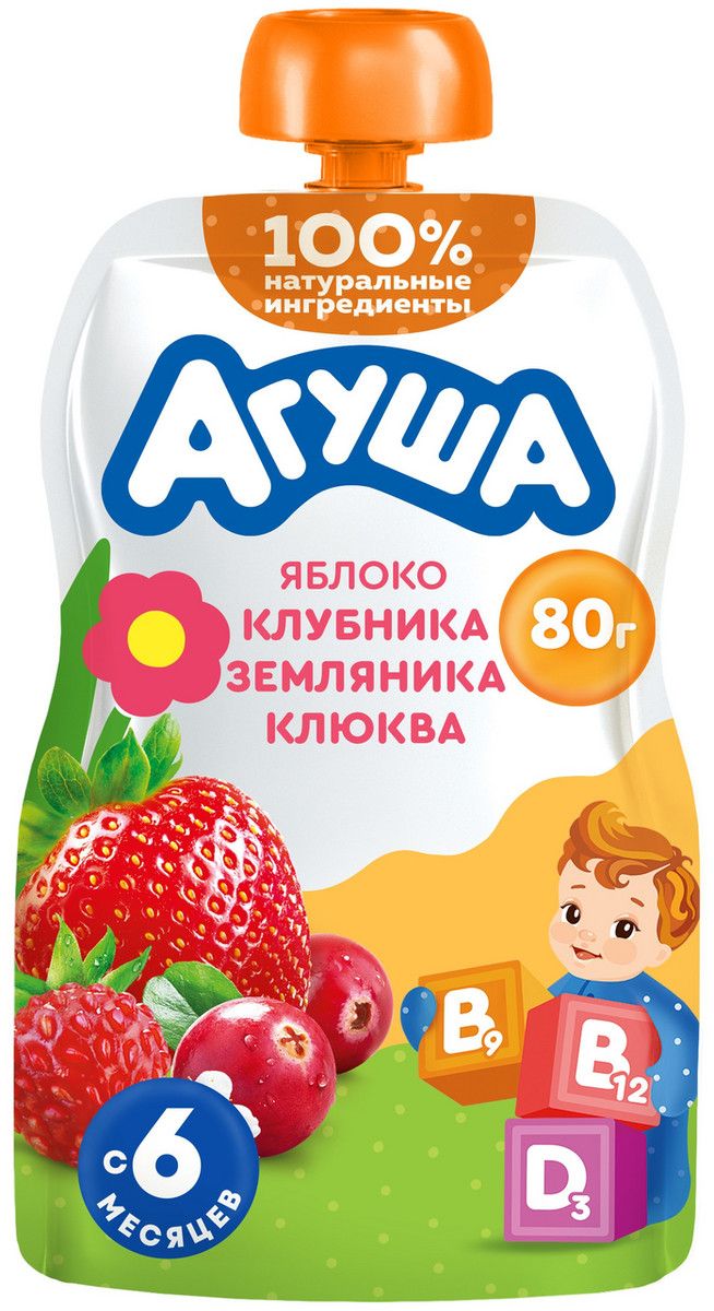 Пюре фруктовое детское Агуша Укрепляй-ка Яблоко, клубника, земляника и клюква с 6 месяцев, 80г х 10 шт.