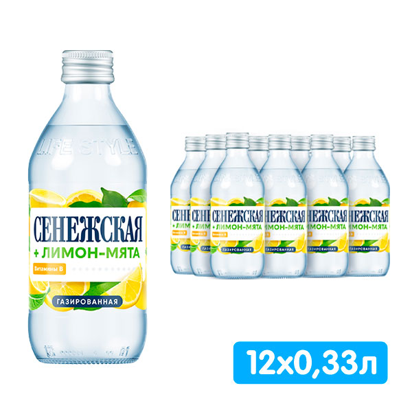 Вода Сенежская Лимон-Мята 0.33 литра, газ, стекло, 12 шт. в уп.