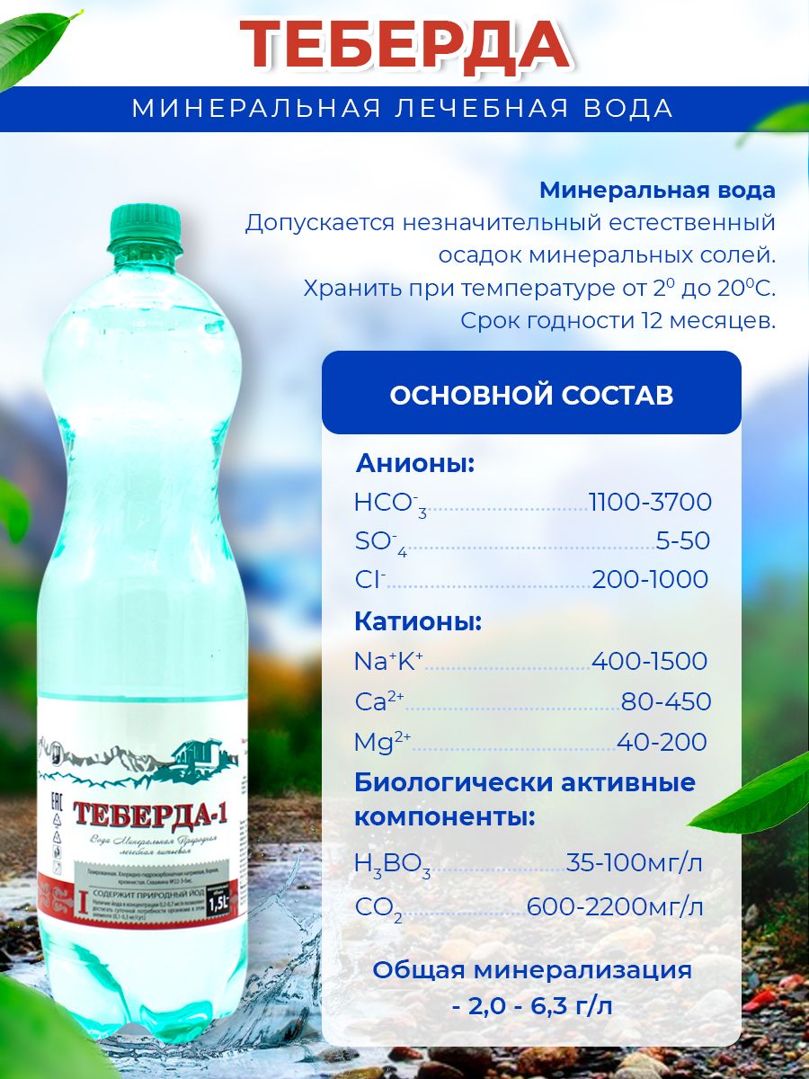 Вода минеральная Теберда 1,5л газированная (упаковка 6 шт.)