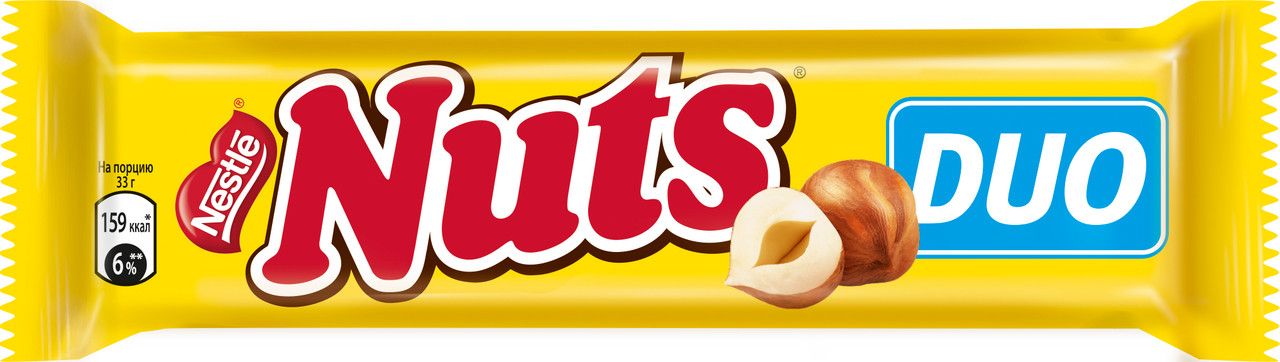 Шоколадный батончик Nuts DUO с фундуком, 66г x 24 шт