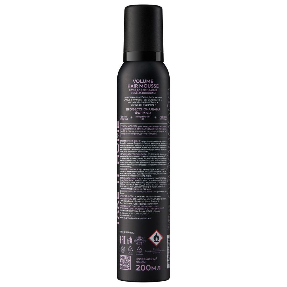 Мусс для придания объёма волосам Volume Hair Mousse ICE Professional by Natura Siberica Take It Home, 200 мл