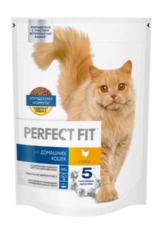 Корм сухой Perfect Fit для взрослых домашних кошек с курицей, 650г