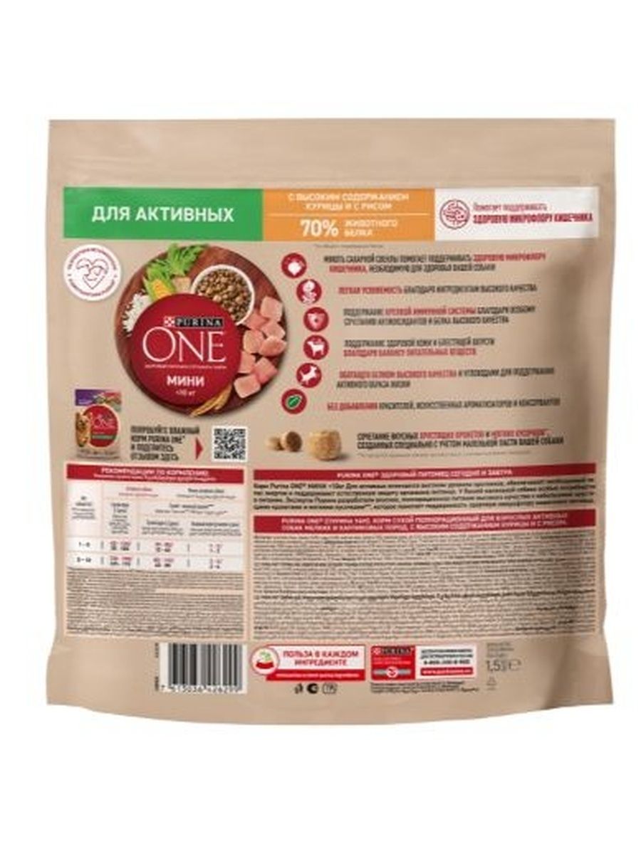 Корм сухой Purina One Мини для собак мелких пород с курицей и рисом 1.5кг
