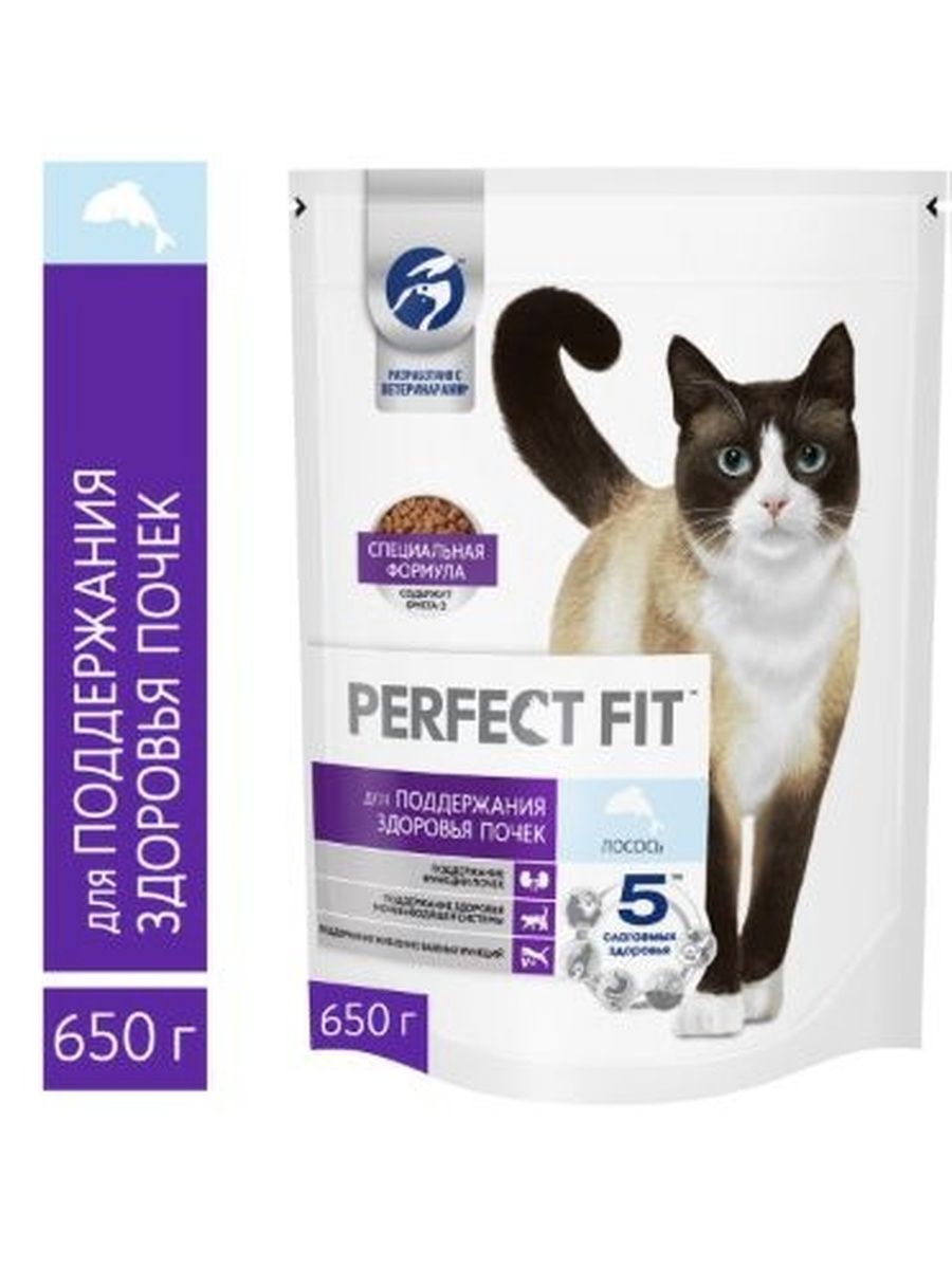 Корм сухой Perfect Fit Здоровье почек для взрослых кошек с лососем, 650г
