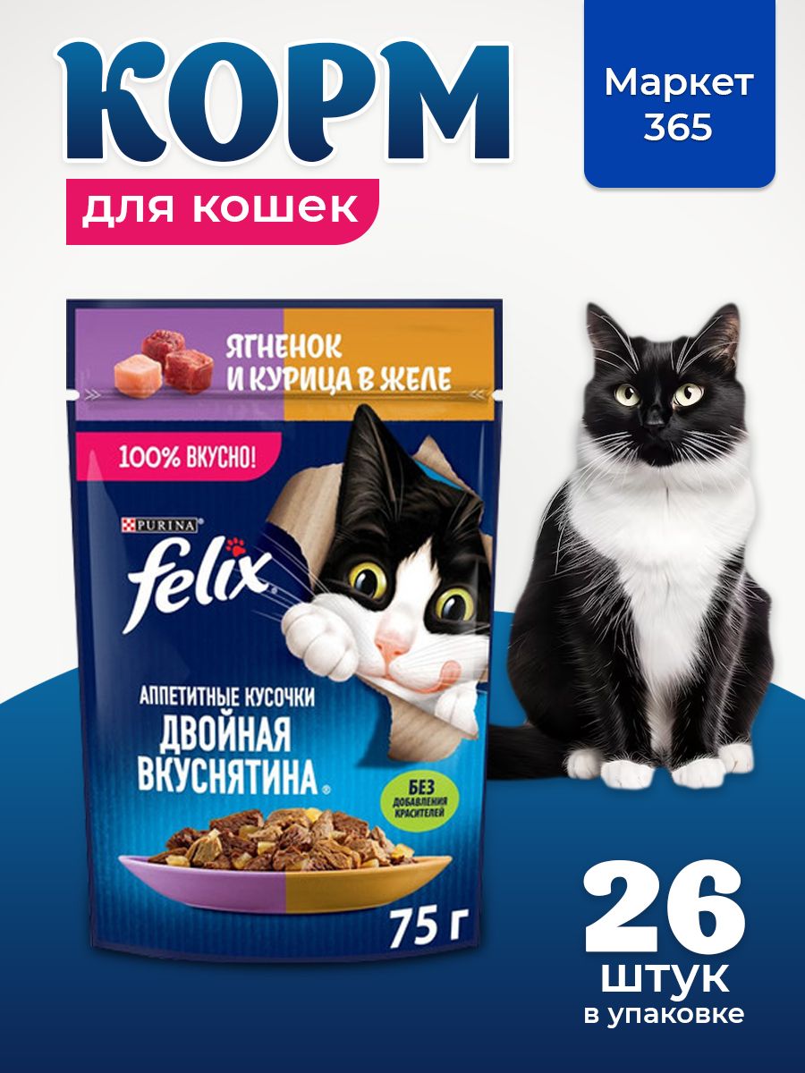 Влажный корм для кошек Felix Аппетитные кусочки, ягненок и курица в желе, 75 г x 26 шт