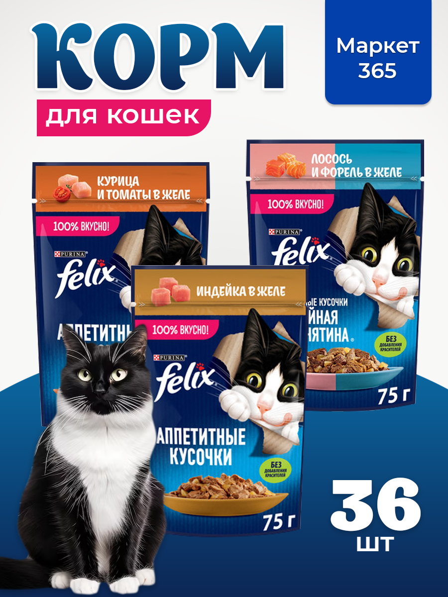 Корм для кошек влажный, Felix желе, Набор: лосось и форель, индейка, курица и томаты. 36 шт x 75 г