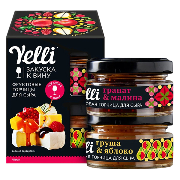 Закуски Yelli к вину Фруктовая горчица Гранат и Малина и Груша и Яблоко набор 2 х 50 гр