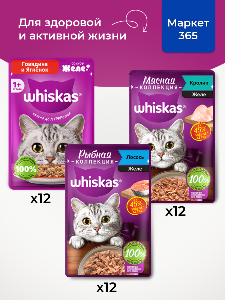 Корм для кошек влажный, Whiskas желе, Набор: Говядина и ягненок, лосось, кролик. 36 шт 75 г