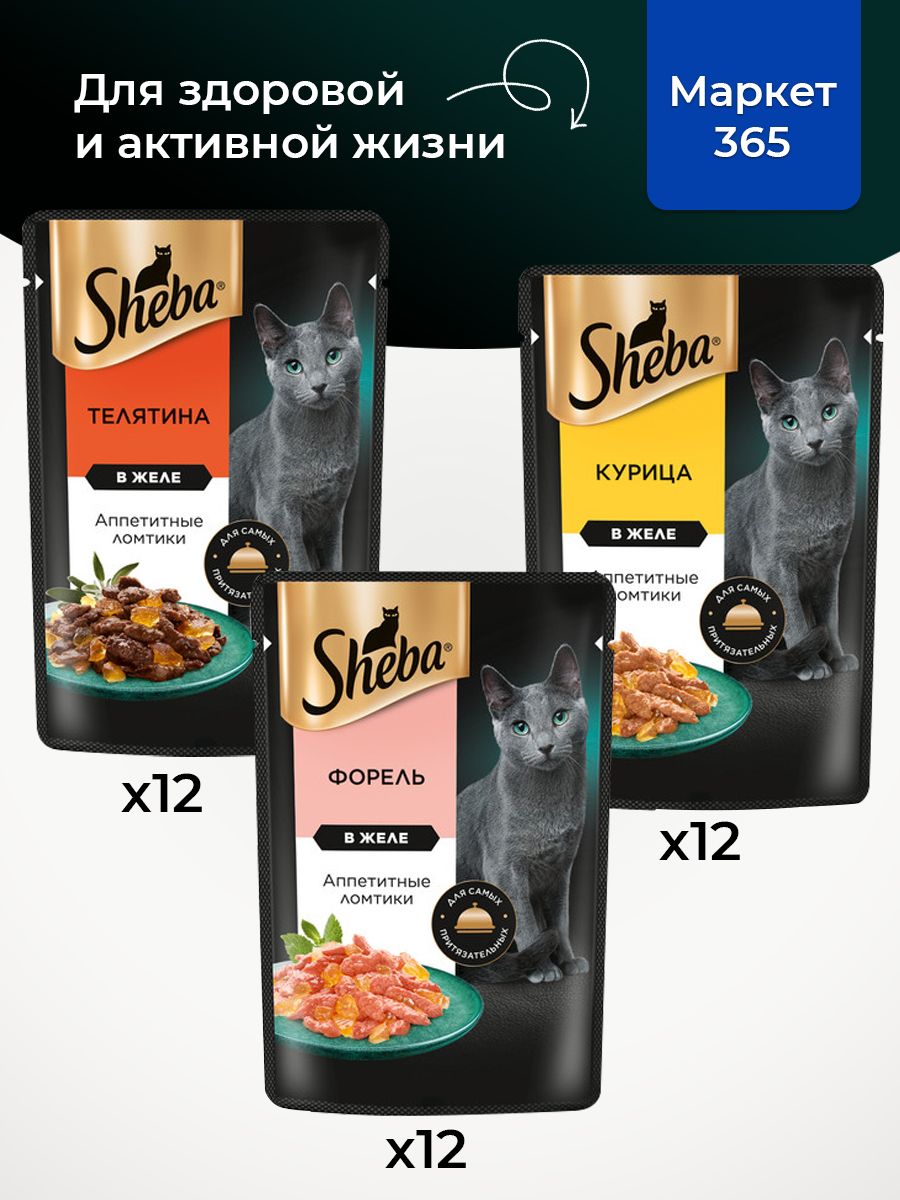 Влажный корм для кошек Sheba. Набор "три вкуса". Телятина, курица, форель. (Ломтики в желе, 36 шт х 75 г)