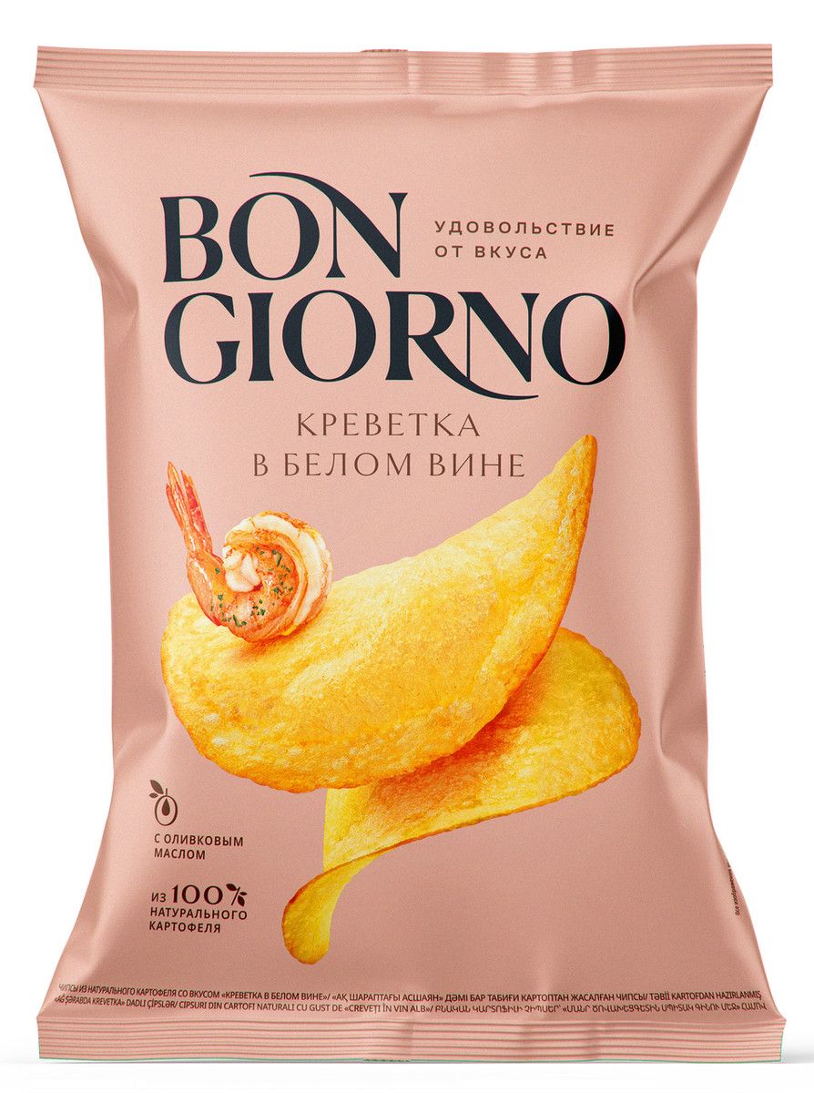 Чипсы Bon Giorno креветка в белом вине, 120г. Упаковка 15шт. Набор 4 упаковки.