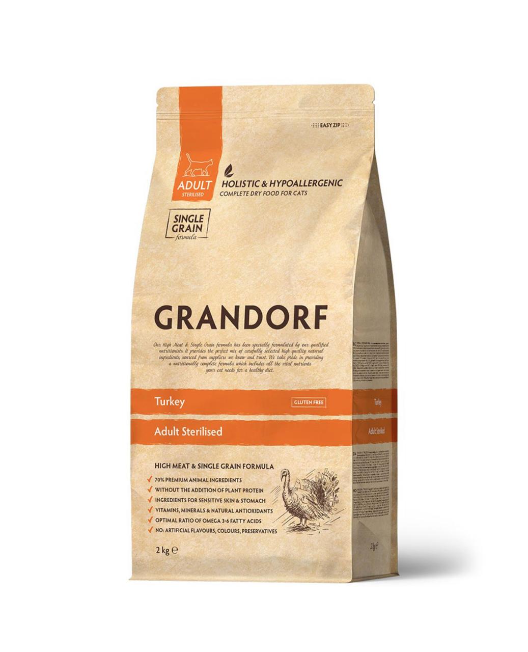 Сухой корм Grandorf Cat Sterilised для стерилизованных кошек и котов с индейкой и рисом, 2 кг