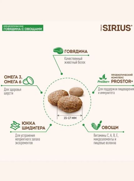 Сухой корм Sirius для собак мясной рацион, 15кг