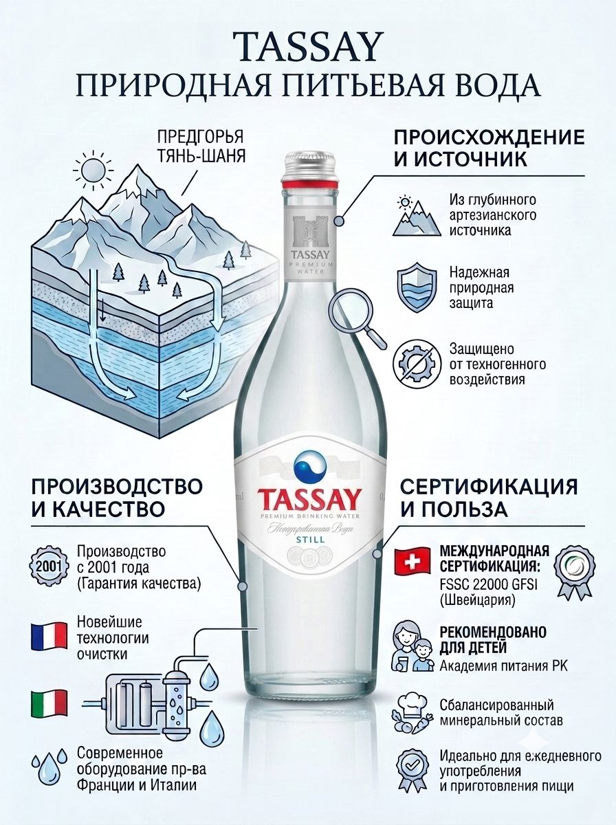 Вода Tassay 0.75 литра, без газа, стекло, (упаковка 6 шт)