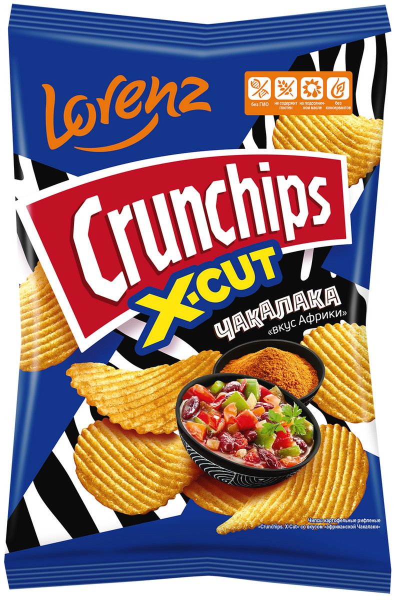 Чипсы Lorenz Crunchips X-Cut рифленые Чакалака, 130г. Упаковка 20шт. Набор 4 упаковки.