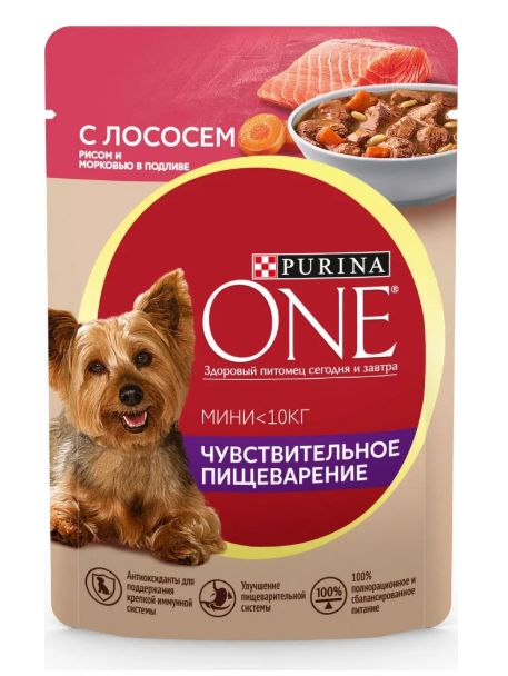 Влажный корм Purina One Мини Чувствительное пищеварение для собак мелких пород (кусочки в подливе) с лососем, рисом, морковью, 85 г х 26 шт.