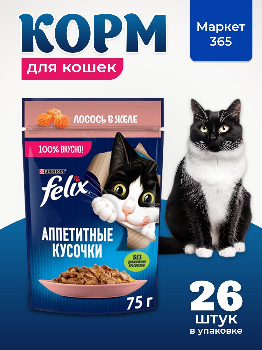 Влажный корм для кошек Felix Аппетитные кусочки, лосось в желе, 75 г x 26 шт