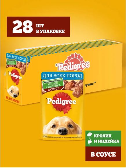 Влажный корм PEDIGREE для взрослых собак всех пород, с кроликом и индейкой в соусе, 28 шт x 85г