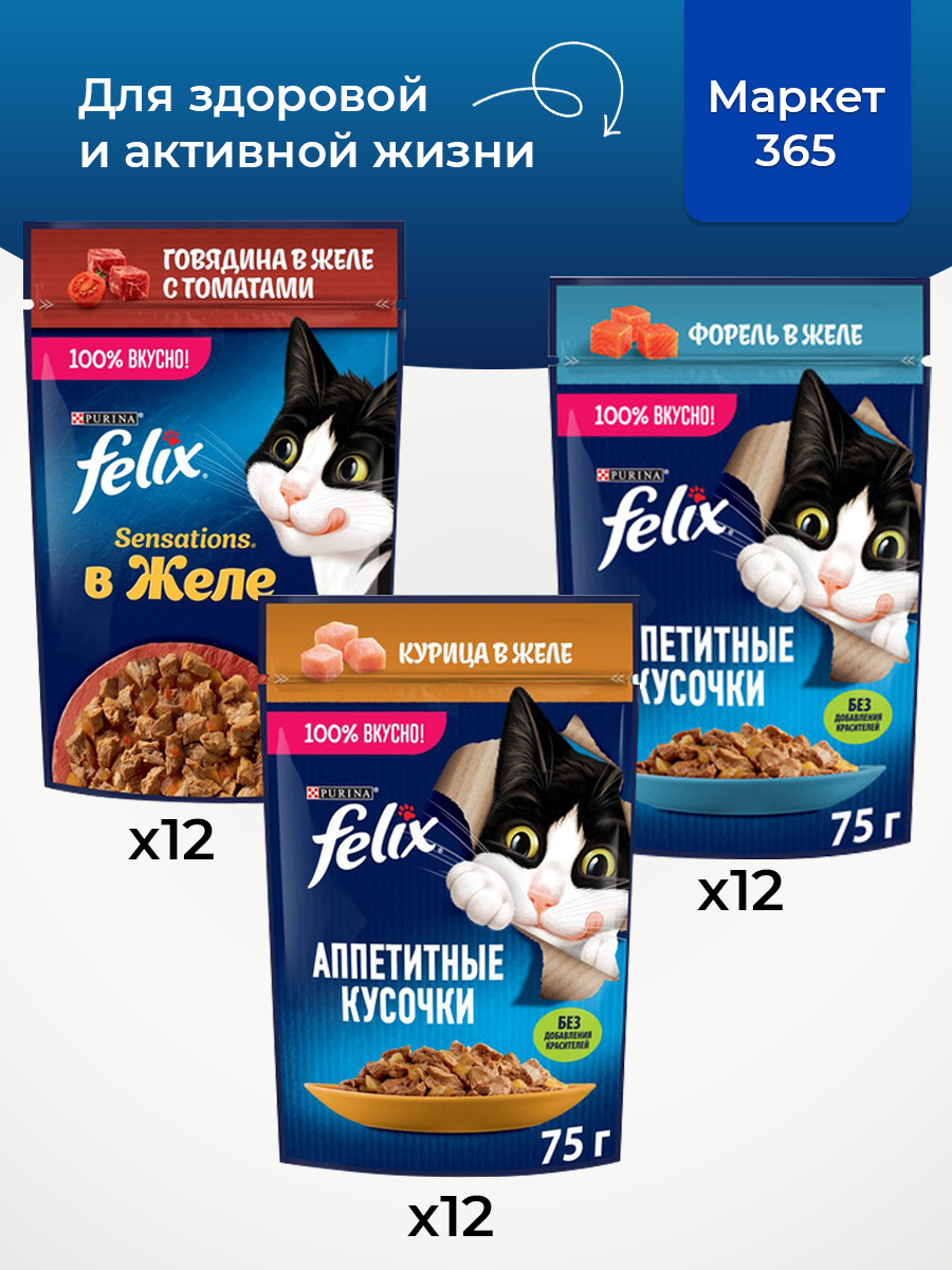 Корм для кошек влажный, Felix желе, Набор: курица, говядина с томатами, форель. 36 шт x 75 г