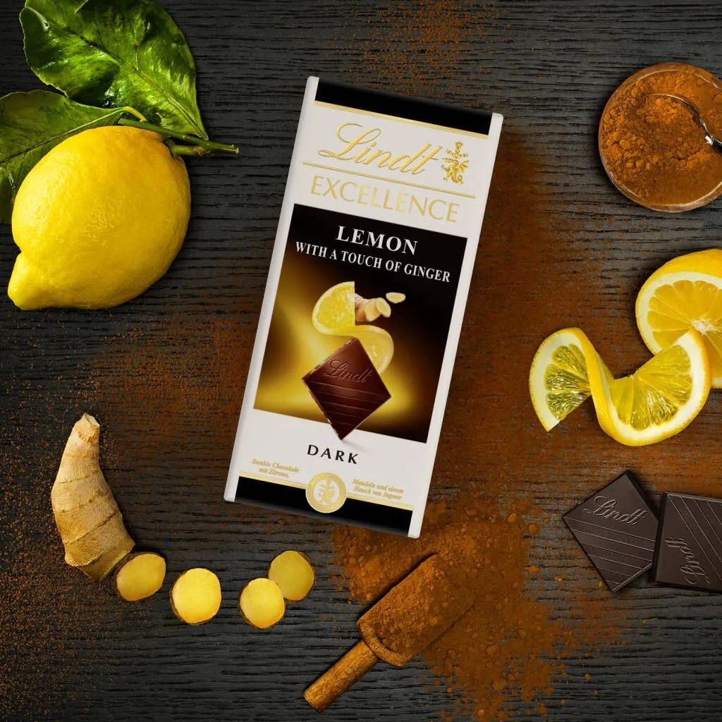 Шоколад темный Lindt Excellence с кусочками лимона и имбиря (100 гр). 20 шт.