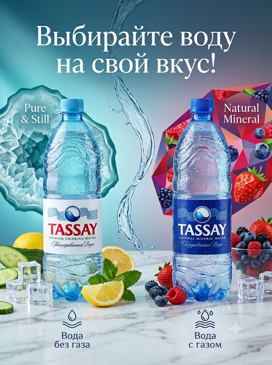 Вода Tassay 1 литр, газ, ПЭТ, (упаковка 6 шт)