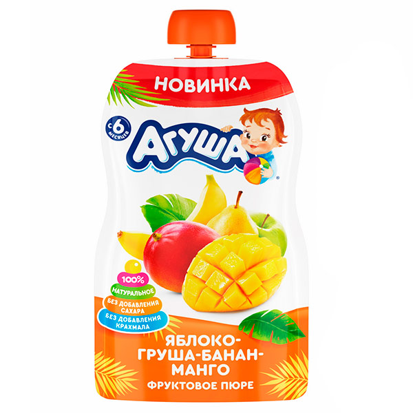 Пюре Агуша фруктовое Яблоко-груша-банан-манго с 6 месяцев 90 гр