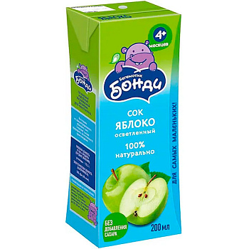 Сок Бегемотик Бонди яблоко 0.2 литра, 27 шт. в уп.