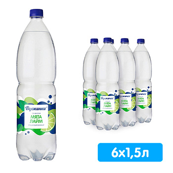Вода Волжанка со вкусом мята лайм 1.5 литра, газ, пэт, 6 шт. в уп.