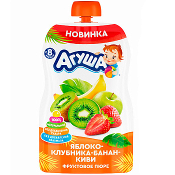 Пюре Агуша фруктовое Яблоко-Банан-Клубника-Киви с 8 месяцев 90 гр