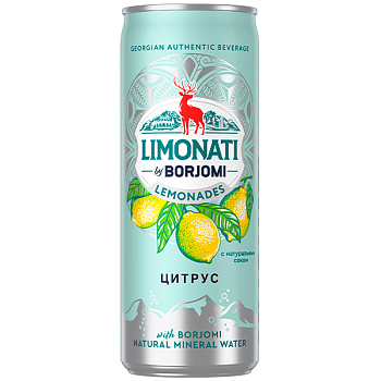 Напиток Limonati by Borjomi с соком цитрусов, газ, ж/б, 0,33 литра, 12 шт. в уп.
