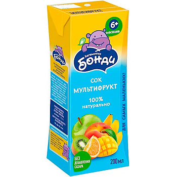 Сок Бегемотик Бонди мультифрукт 0.2 литра, 27 шт. в уп.