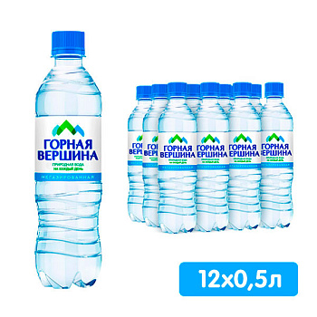 Вода Горная Вершина природная питьевая 0.5 литра, без газа, пэт, 12 шт. в уп.